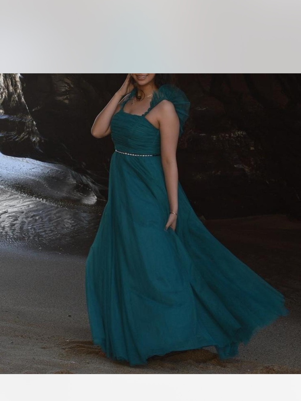 City Studio Teal One-Shoulder Maxi Dress with Pearl Waist